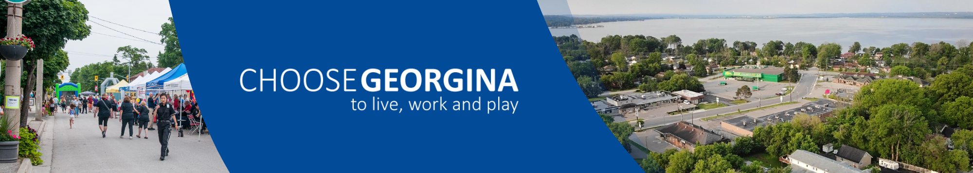 Street festival with people walking around and tents and an aerial shot of the town with the text Choose Georgina to live, work and play